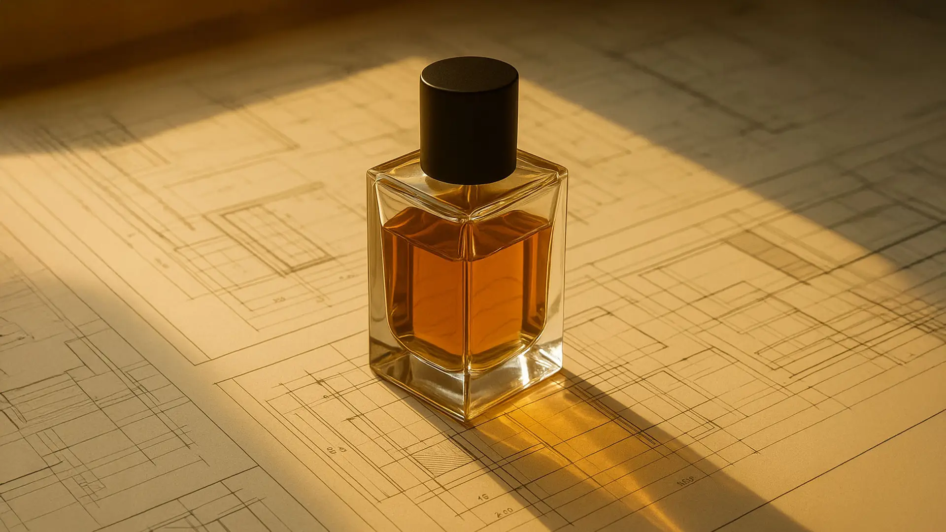 A minimalist perfume bottle surrounded by architectural blueprints and golden light — symbolizing fragrance design.